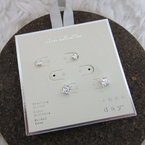 a new day Stud Earrings Sterling Silver Cubic Zirconia Square Cut Stones 2 Pairs - Picture 2 of 6